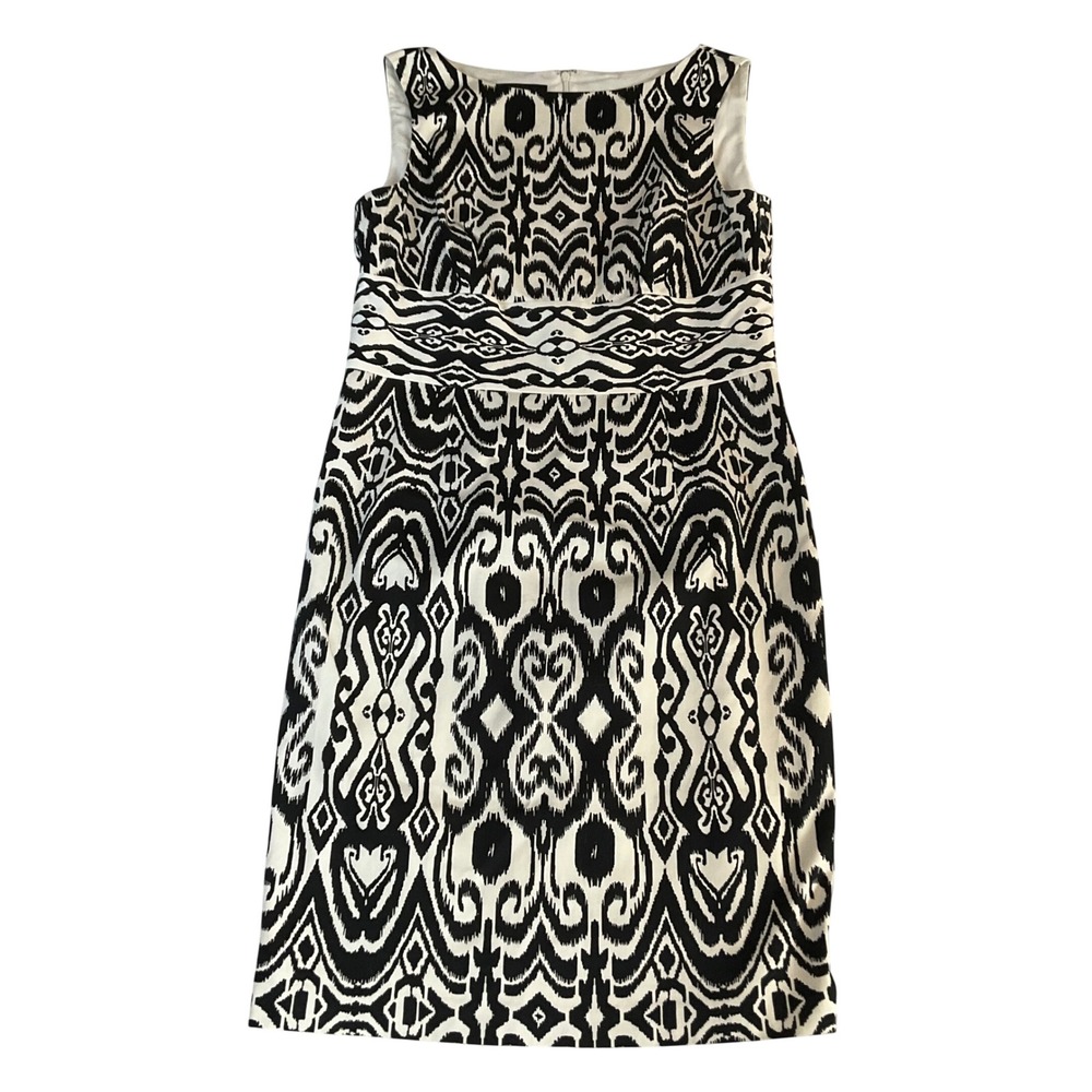 Jones New York Sheath Dress Women 8 Black White Ikat Tribal Print Sleeveless